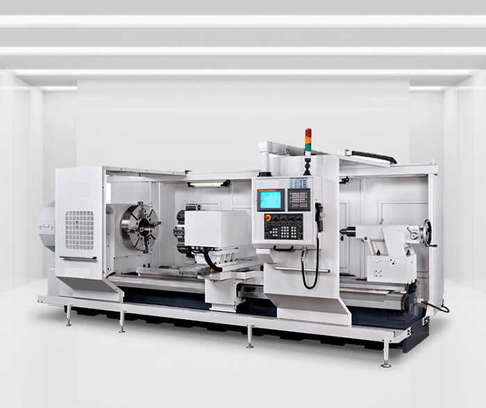 GTD-44-55-HK-CNC - CNC Lathe machine with open middle area against a clean white background room with overhead lights